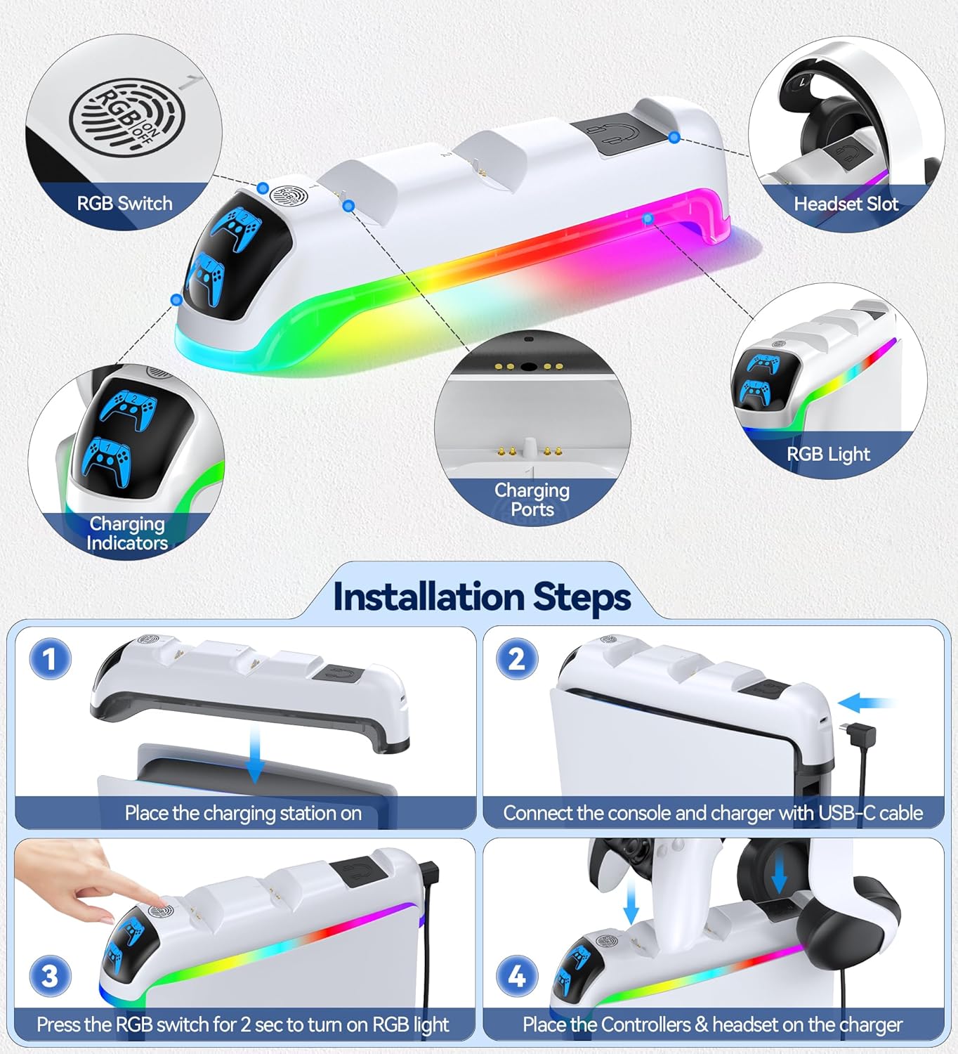 PS5 Controller Charger Station with RGB Light